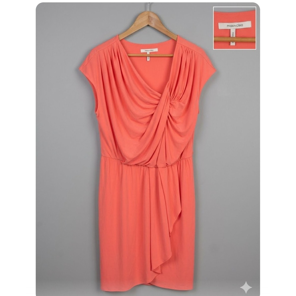 Max and Cleo Coral Pink Draped Cowl Neck Tie Waist Sheath Dress XL